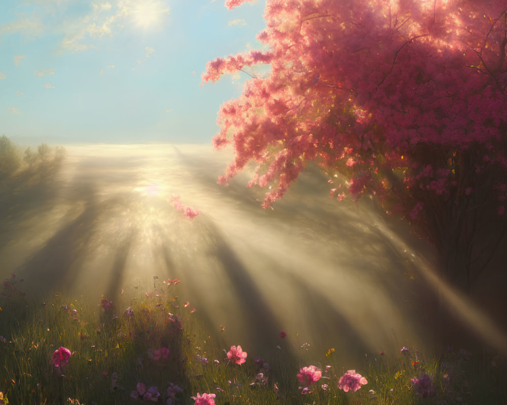 Sunbeam-lit meadow with wildflowers and blossoming pink tree in misty setting