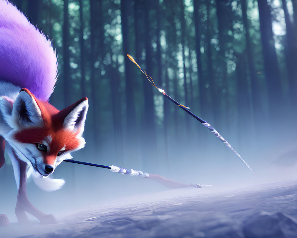 Colorful animated fox with fluffy tail and glowing arrow in mystical forest.