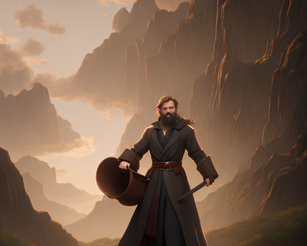 Bearded man in medieval attire on path with cliffs at sunset