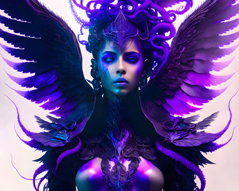 Purple-skinned woman with feathered wings and intricate headpiece on soft background