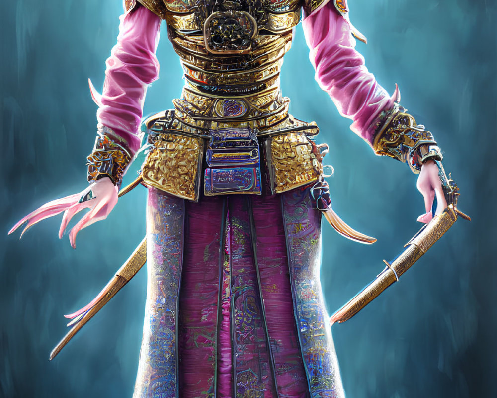 Traditional Asian attire woman in golden armor with sword on teal backdrop