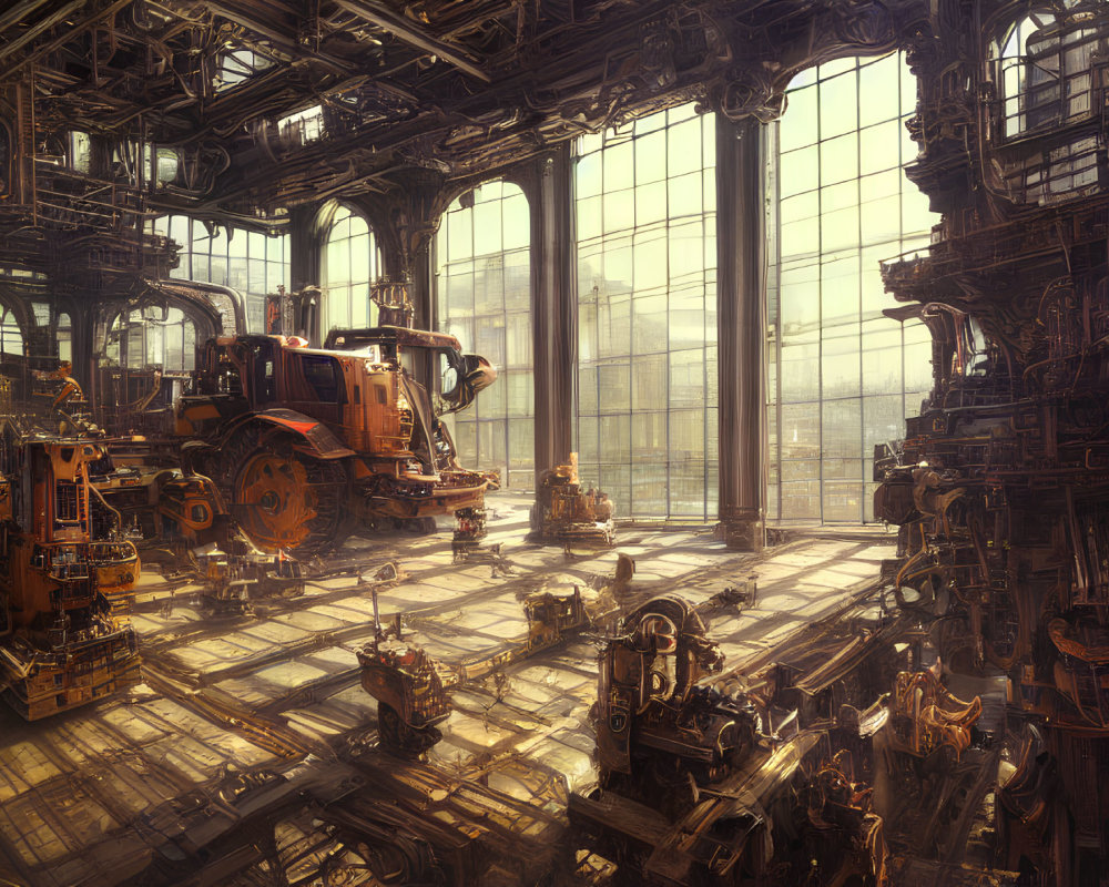 Sunlit Steampunk Interior with Intricate Machinery