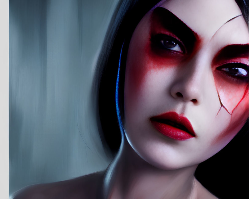 Digital portrait: person with red eye makeup and cracked skin effect, blurred background