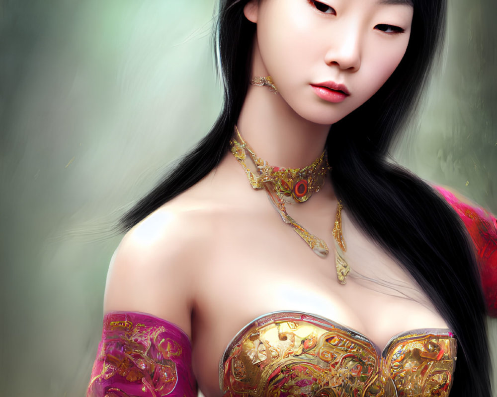 East Asian woman in ornate traditional attire with gold embellishments