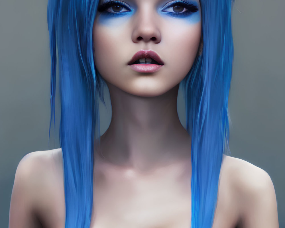 Striking blue-haired person in digital artwork against grey background