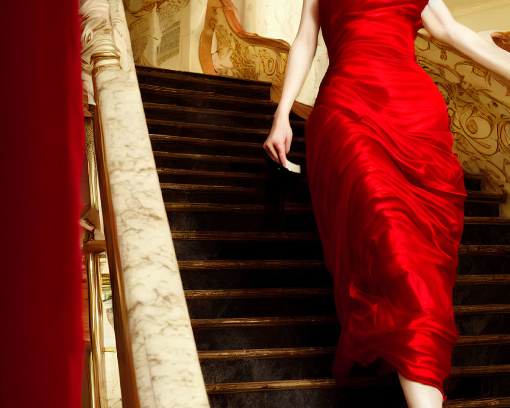 Woman in Red Dress Descending Ornate Staircase