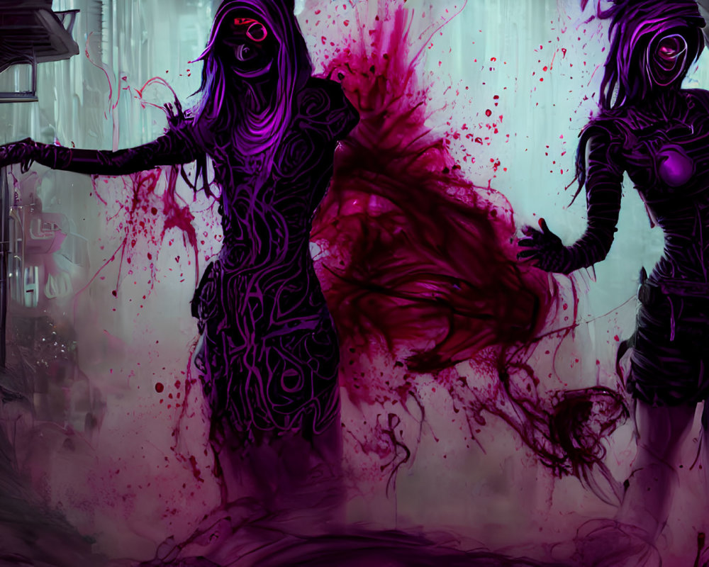 Dark mystical figures with glowing purple patterns in vibrant red setting