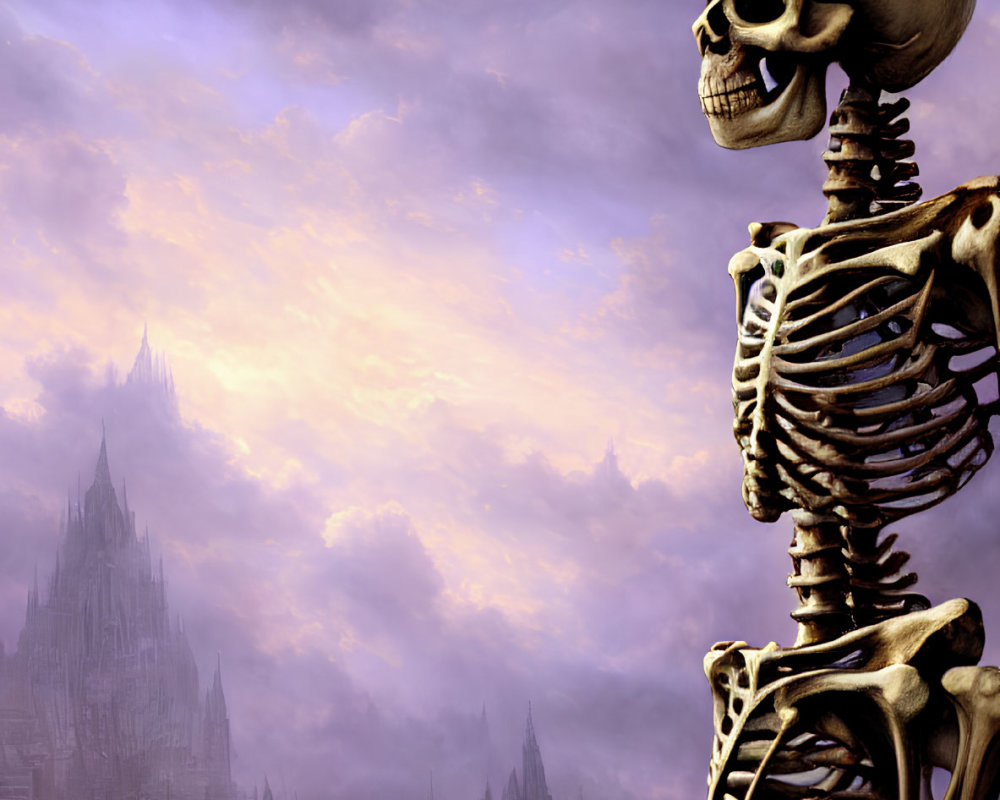 Gothic spires silhouette against dramatic sunset with towering skeleton