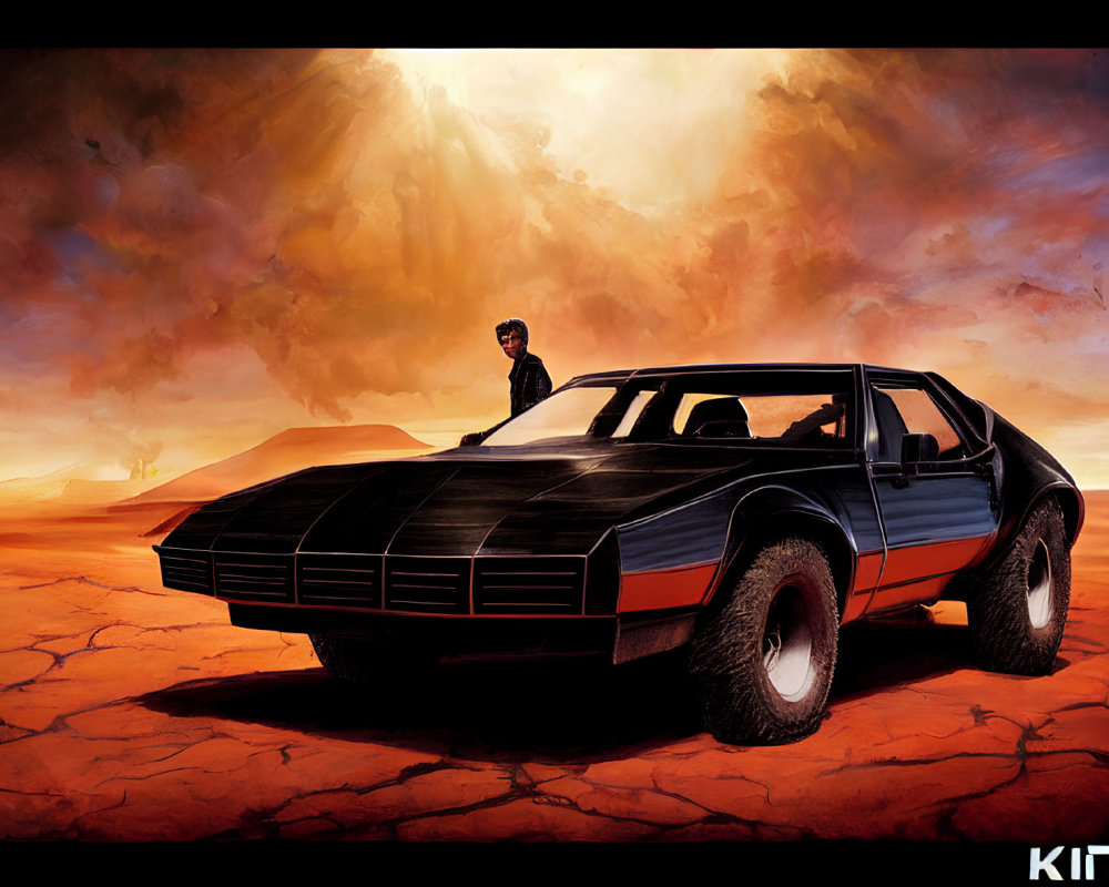 Person beside black futuristic car on cracked desert ground under orange sky