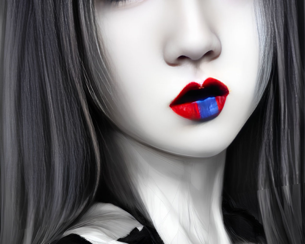 Monochrome portrait with red and blue lips, black hair, pale skin