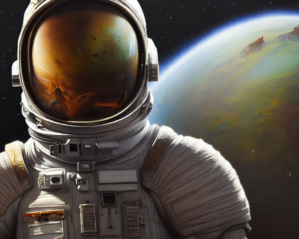 Astronaut in space suit with reflective visor and orange celestial body in space