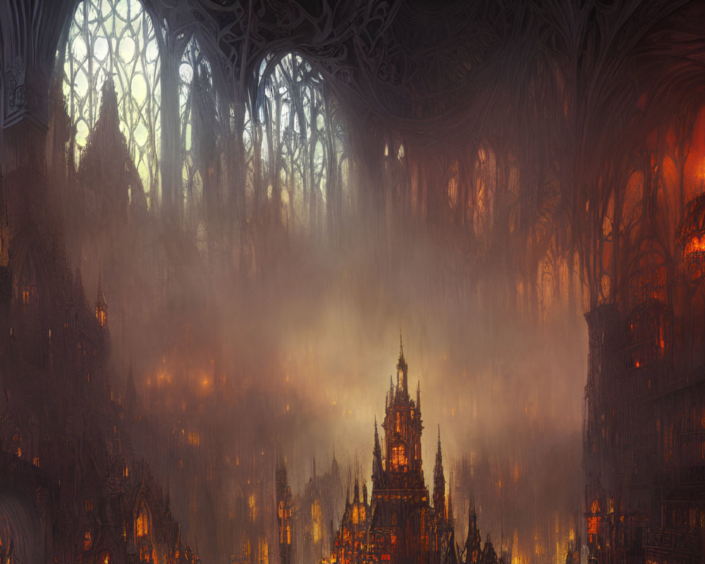 Gothic-style fantasy cathedral interiors with towering spires and arched windows