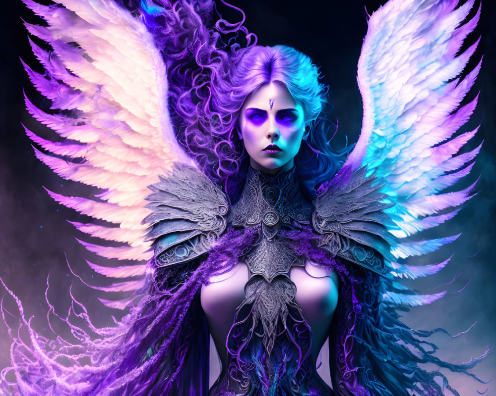 Violet-skinned figure in ornate armor with purple hair and wings