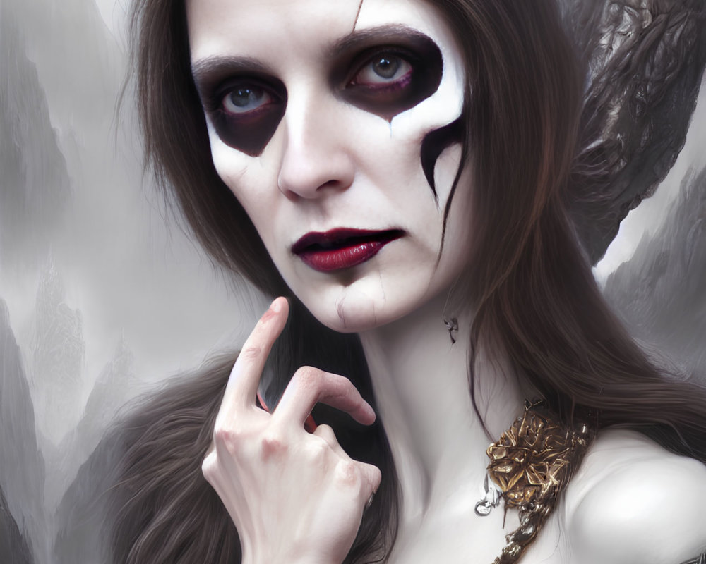 Pale woman with dark eye makeup and red lips styled as gothic fantasy figure with skull in misty