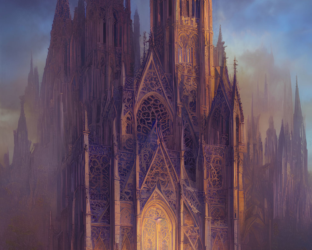 Ethereal Gothic cathedral with warm glow and intricate architecture