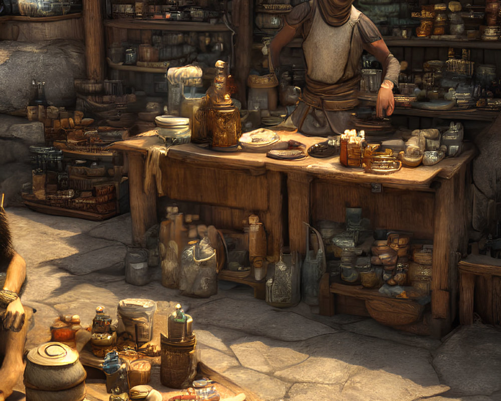 Medieval market scene with pottery vendor under thatched roof