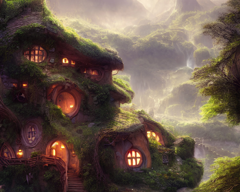 Quaint hobbit-style houses nestled in green hills with glowing windows by a serene river in a mystical