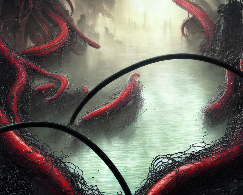 Surreal landscape with red tendrils, green river, and archaic structures