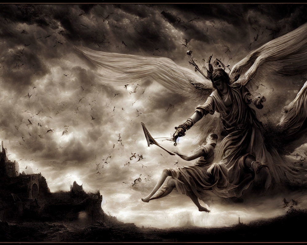 Angelic figure with sword in dramatic gothic scenery