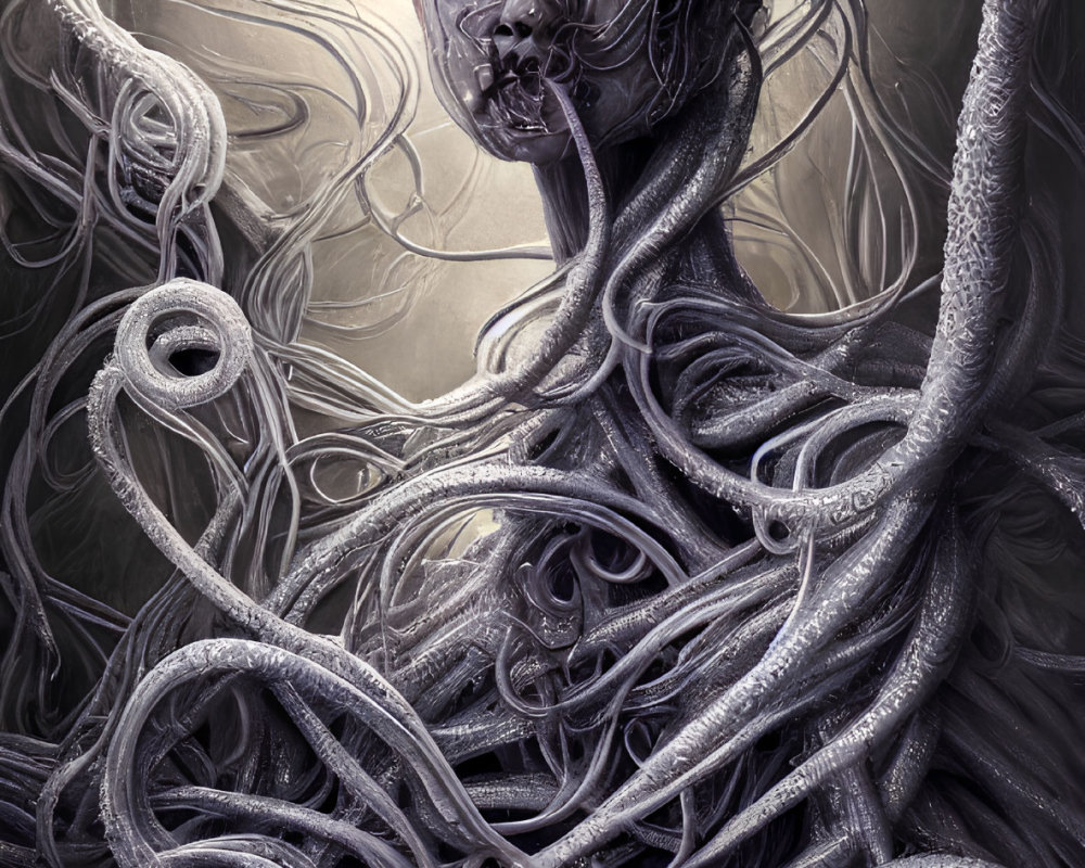 Monochromatic surreal art: humanoid figure with vine-like structures.