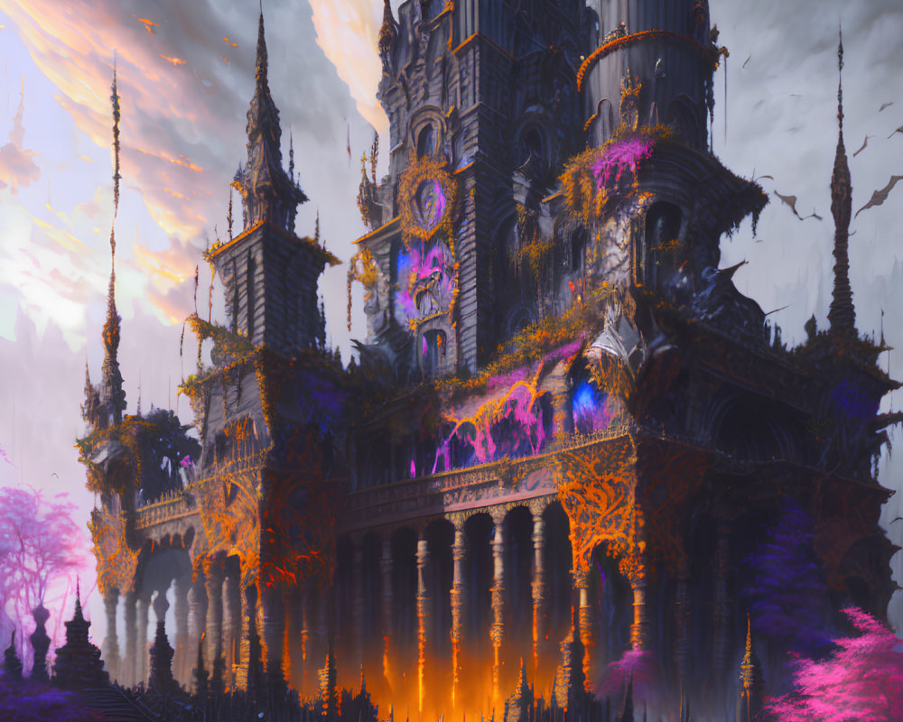 Gothic castle with ornate spires in surreal purple and orange landscape