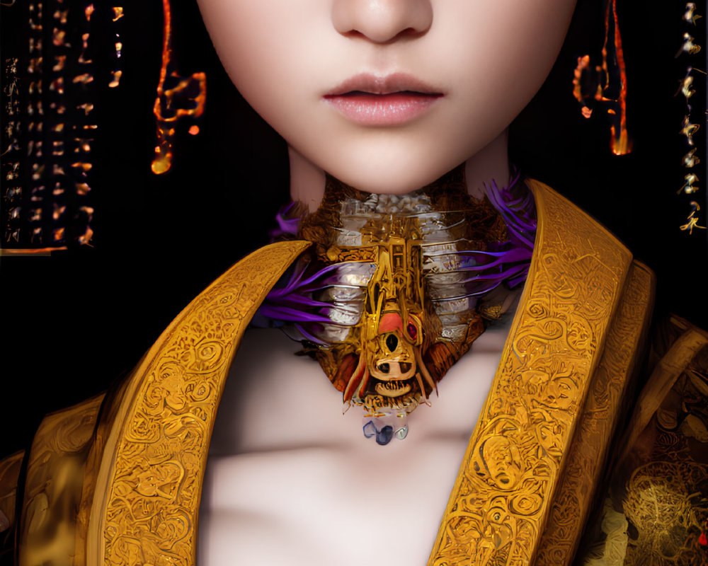 Digitally rendered portrait of woman in golden attire with detailed necklace on dark background.