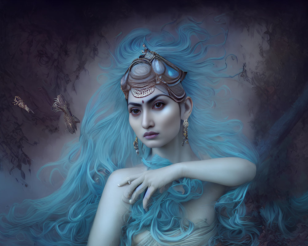 Portrait of woman with flowing blue hair and ethereal makeup in enchanted forest.