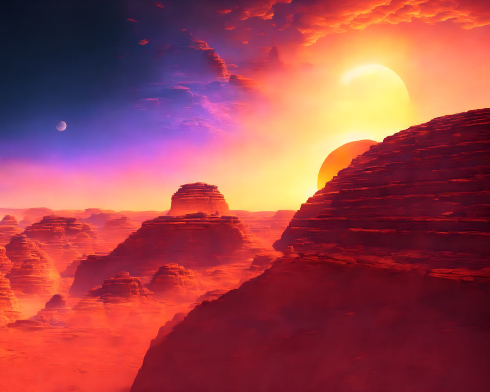 Dual Sunset Over Red Rock Formations in Sci-Fi Landscape