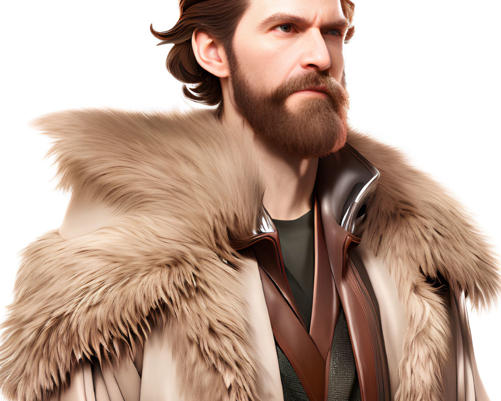 Man with Beard in Luxurious Fur-Collared Coat and Styled Hair