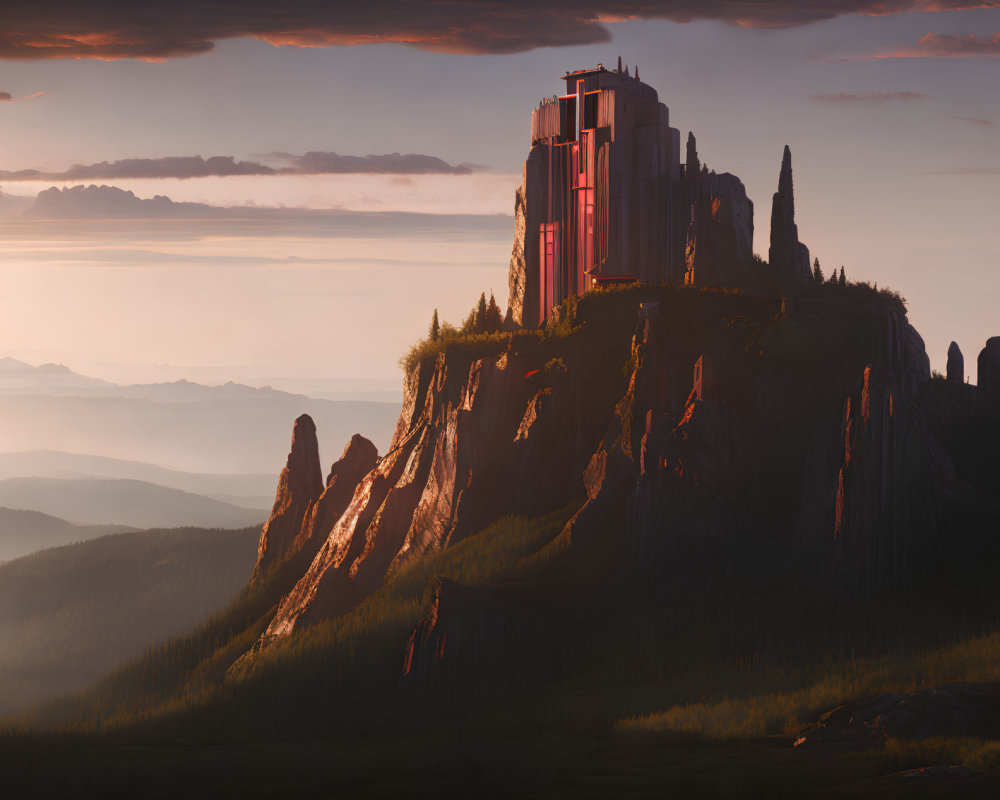 Majestic castle on steep cliff at sunset overlooking misty valley