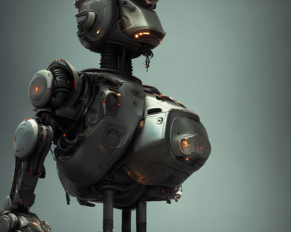 Detailed humanoid robot with camera lens head and mechanical limbs on gray background