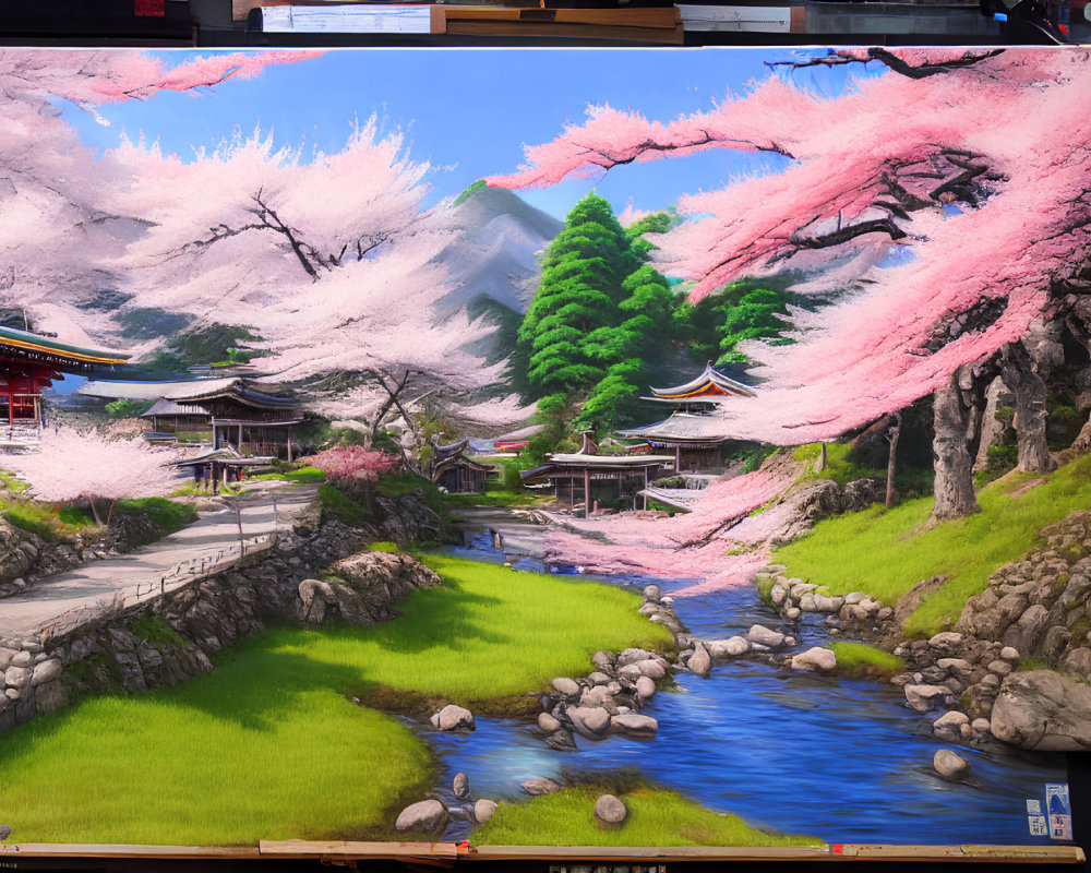 Japanese landscape with cherry blossoms, stream, traditional buildings, and blue sky