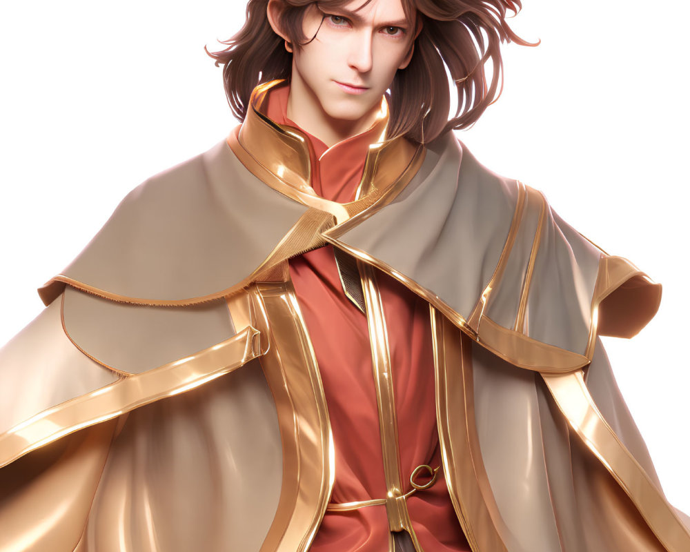 Illustrated character with long brown hair in red outfit and golden mantle.