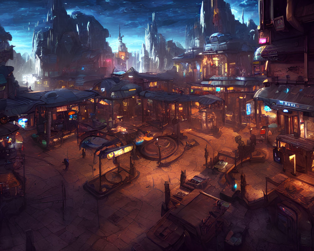 Futuristic neon-lit cityscape with bustling streets and towering rocks