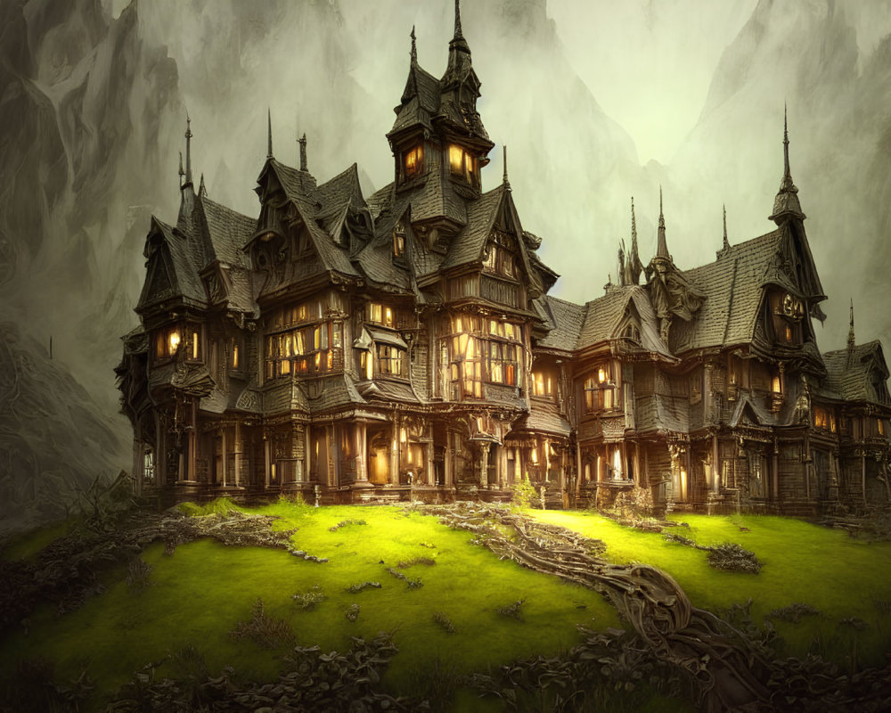 Victorian mansion against misty mountain backdrop with warm lights.