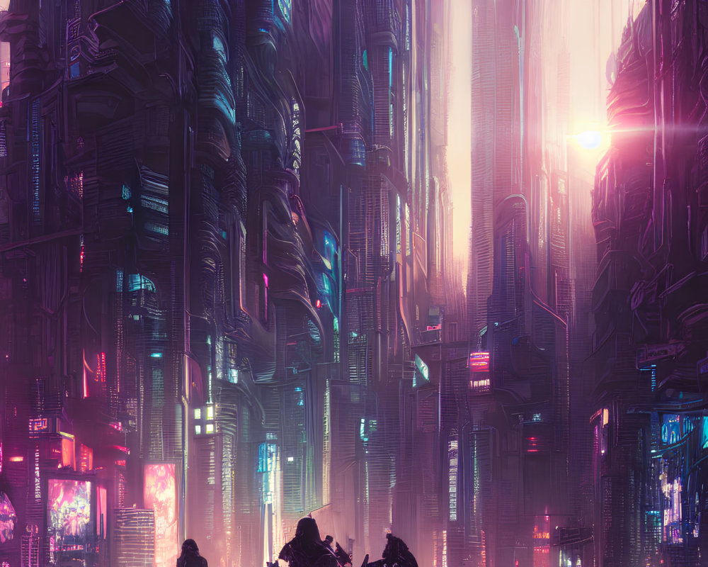 Neon-lit cyberpunk cityscape: towering skyscrapers, glowing signs, flying vehicles in