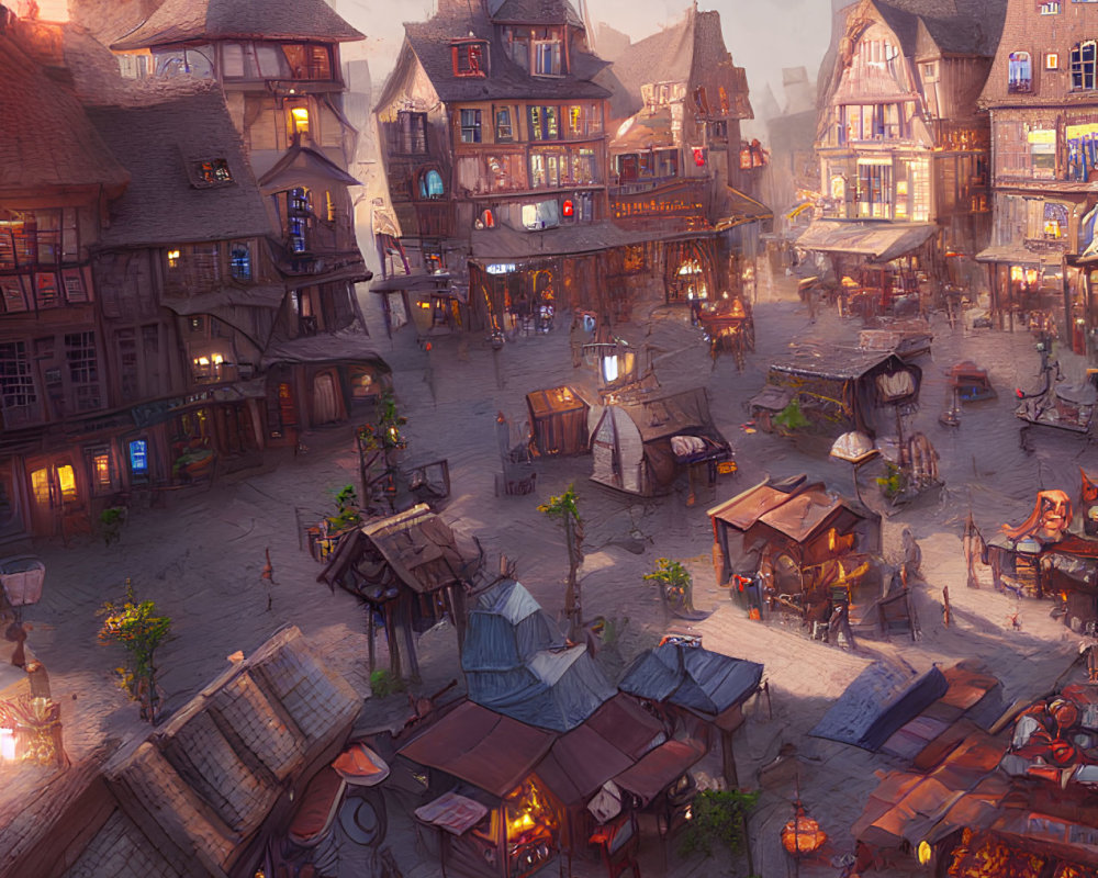 Medieval marketplace at dusk with vibrant stalls and cobbled streets