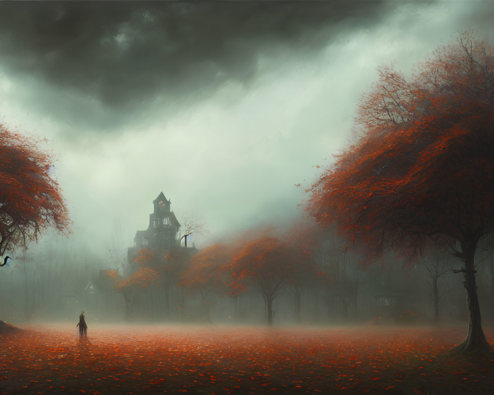 Misty dark forest with red trees and ominous house