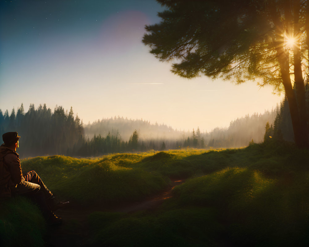 Person sitting by forest path in warm sunlight at dusk overlooking misty woodland landscape