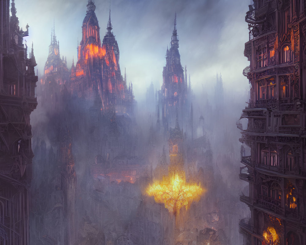 Gothic cityscape at dusk with towering spires and warm lights