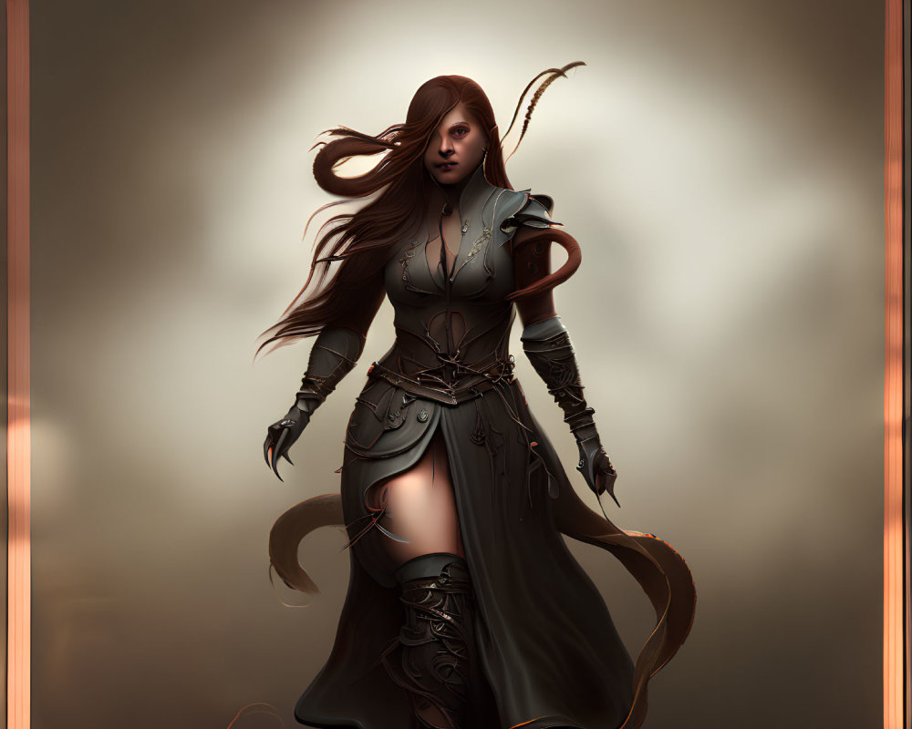 Fantasy female warrior digital artwork with flowing hair and leather armor