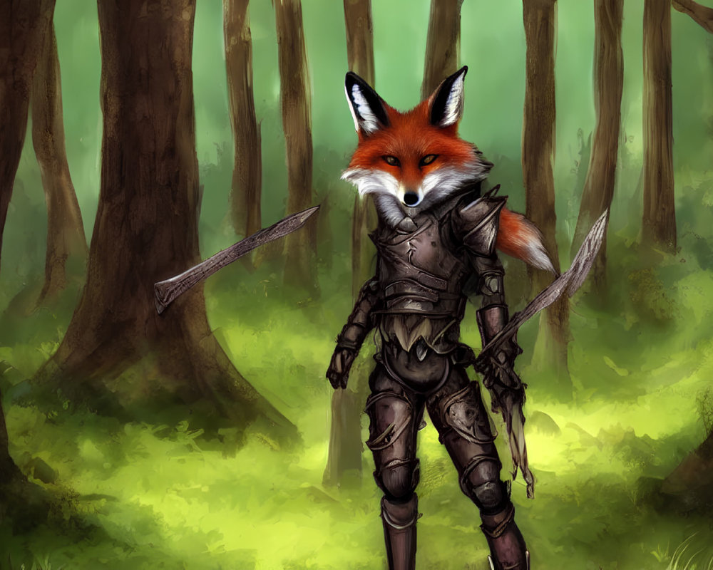 Anthropomorphic Fox in Medieval Armor Holding Sword in Forest Clearing