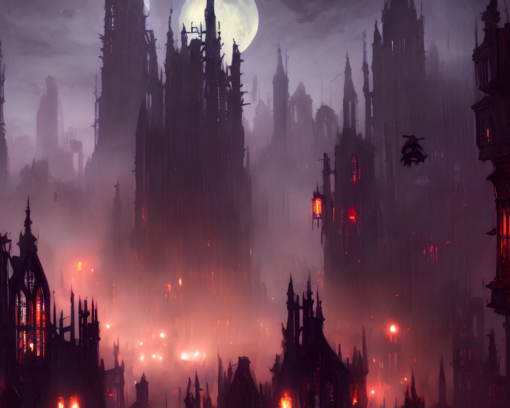 Gothic Night Cityscape: Full Moon, Tall Spires, Red Glow, Flying Creature