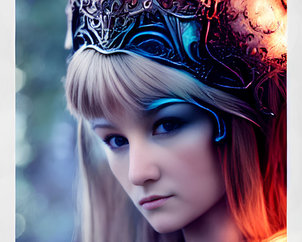 Fantasy woman in elaborate armor and crown with cool color palette