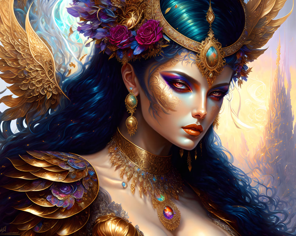 Fantasy character with blue hair, gold jewelry, feathered crown, makeup, and winged shoulders