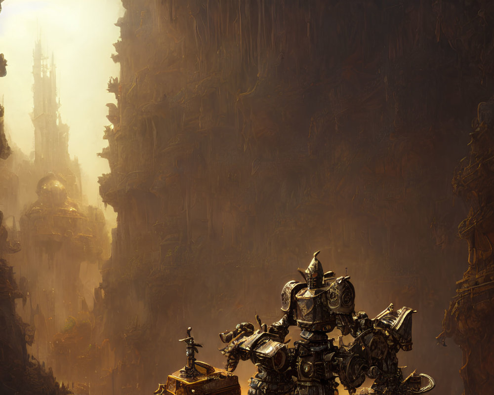 Gigantic robot in vast, dimly lit landscape