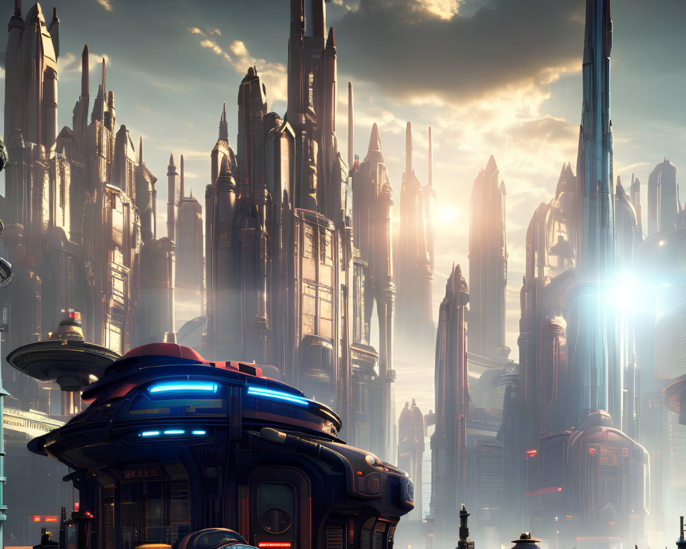 Futuristic sunset cityscape with towering skyscrapers