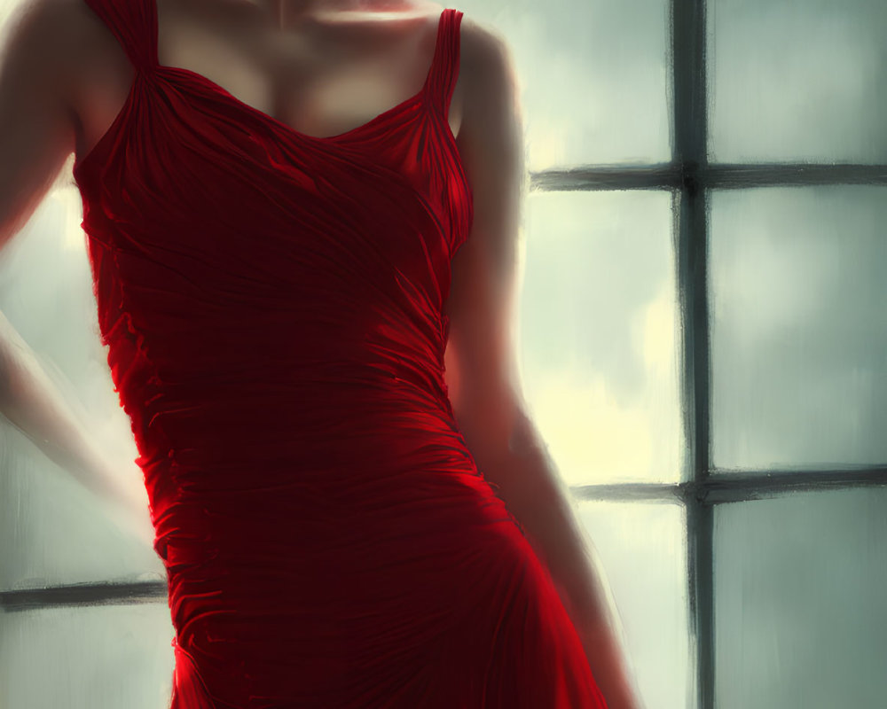 Woman in Red Dress Contemplating by Window with Soft Shadows