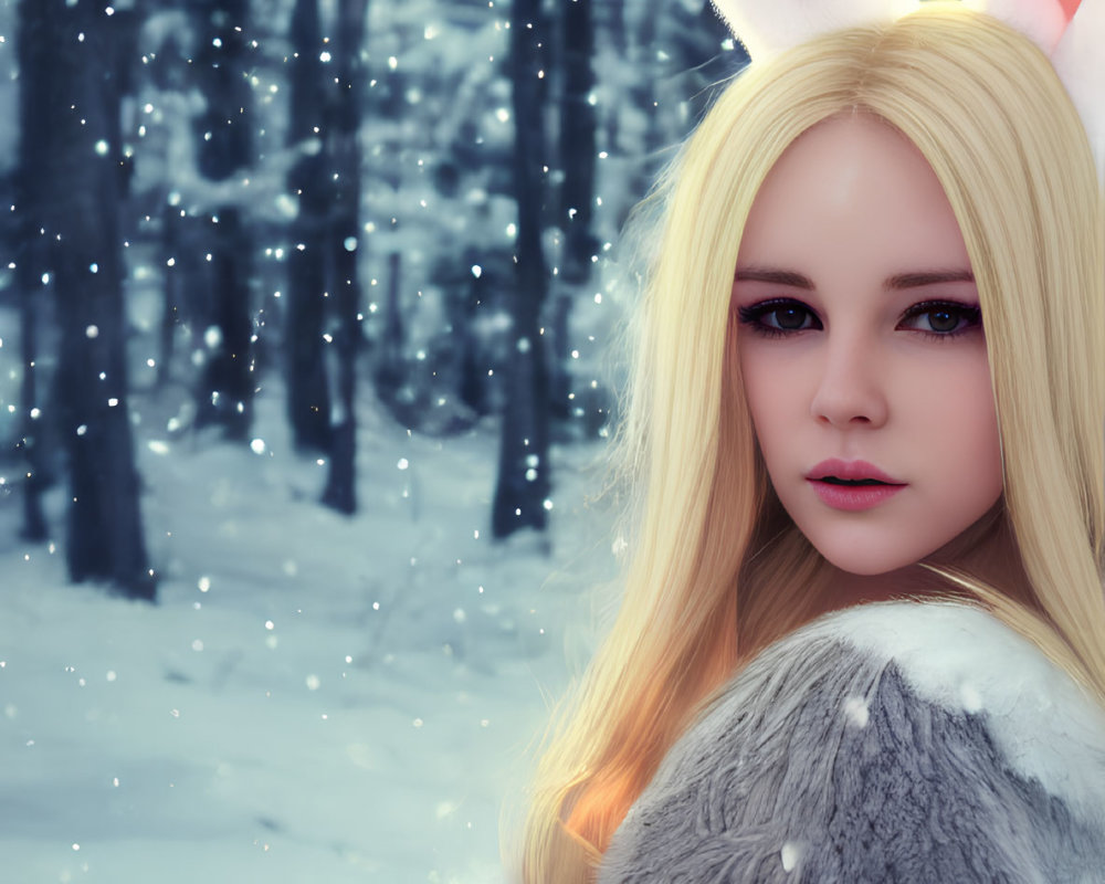 Blonde person in bunny ears in snowy forest portrait