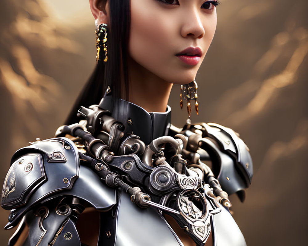 Woman in ornate silver armor with helmet and earrings against mountainous backdrop